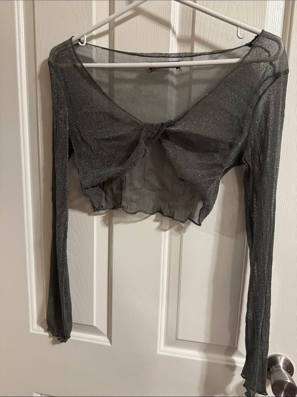 Sheer Long-Sleeve Tie-Front Crop Top in Metallic Green Gray. Y2K Fairy